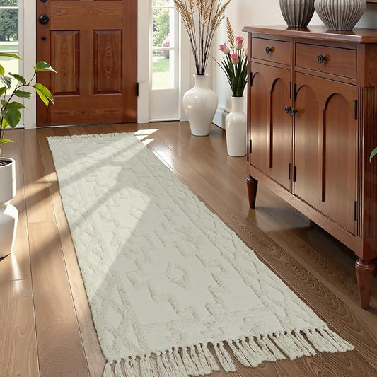 Uphome Boho Runners for Hallways 2.6' x 8', Washable Farmhouse Entryway Runner Rug, Cotton Tufted Bedroom Runner Rugs, Bohemian Tribal Aesthetic Rug for Kitchen Doorway Bathroom Living Room, Beige