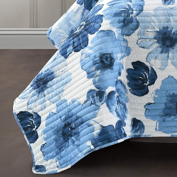 Lush Decor Leah Reversible Floral Quilt Set, 3 Piece Set, Full/ Queen, Navy & White - Watercolor Botanical - Cottage Core - French Country Decor- Bedding Queen Size
