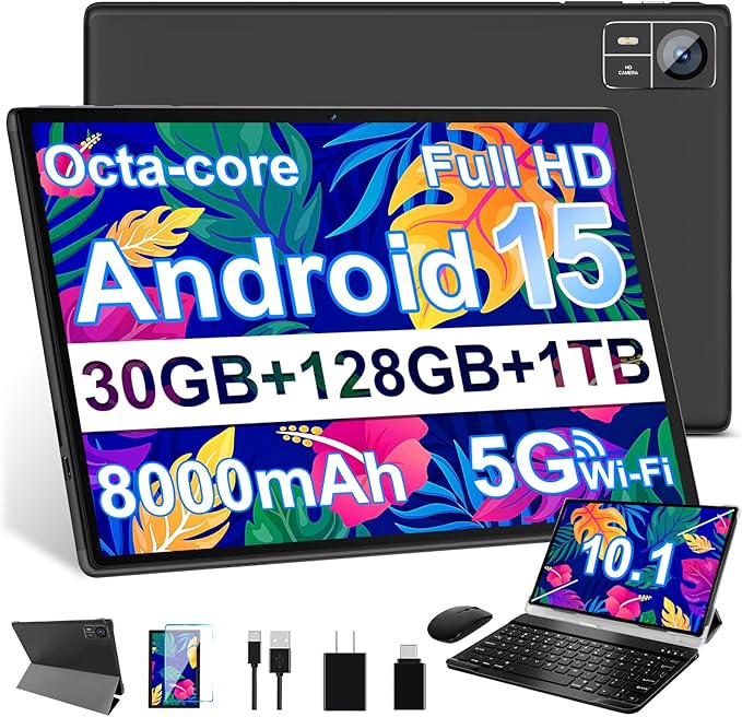SUAAT Android 15 Tablet 30GB RAM 128GB ROM 1TB Expand, 10.1 Inch Tablets with Keyboard Mouse, Octa-Core, 8000mAh, HD IPS Display, 5G WiFi BT 5.0 GPS, Widevine L1, Gemini AI, Dual Camera - Black
