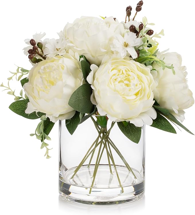 ENOVA FLORAL Artificial Flower Arrangement with Vase,Mixed Artificial Fake Silk Peony Flower in Vase for Decoration Home Office, Wedding Centerpiece (Cream01)
