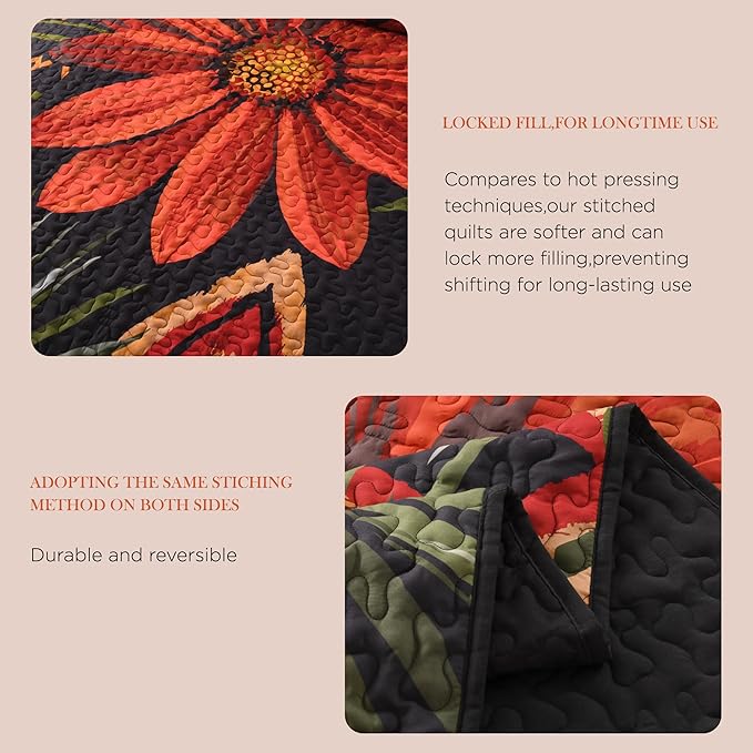 Andency Floral Boho Super King Quilt Bedding Set Black, 3 Pieces Farmhouse Flower Botanical Bedspreads with 2 Shams, Soft Reversible Lightweight Microfiber Coverlet Set for All Season, 120"x120"