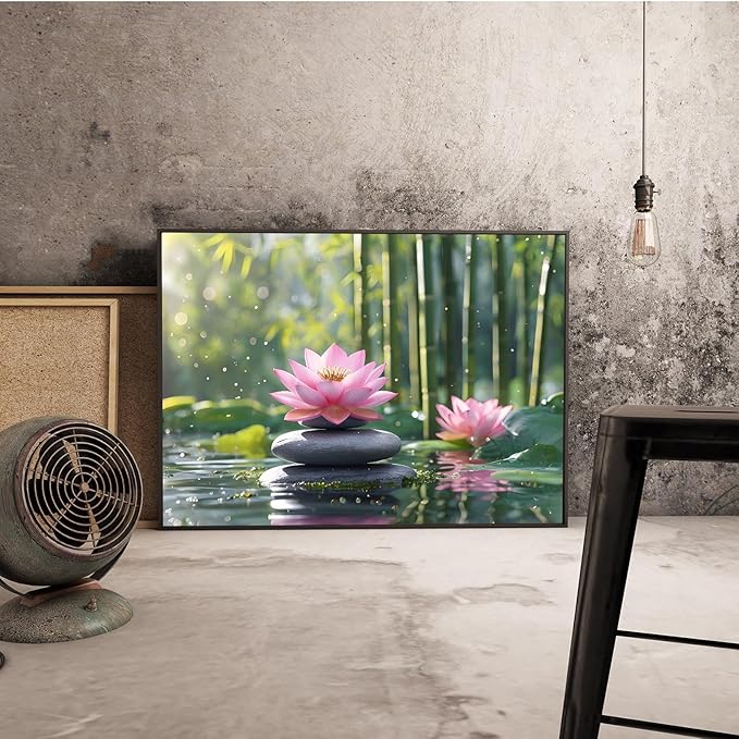 Ethereal pink lotus on obsidian Sunlit bamboo forest with sparkling water drops Poetic nature inspired wall art for tranquil homes and mindful spaces 20x30in Metal blackFramed