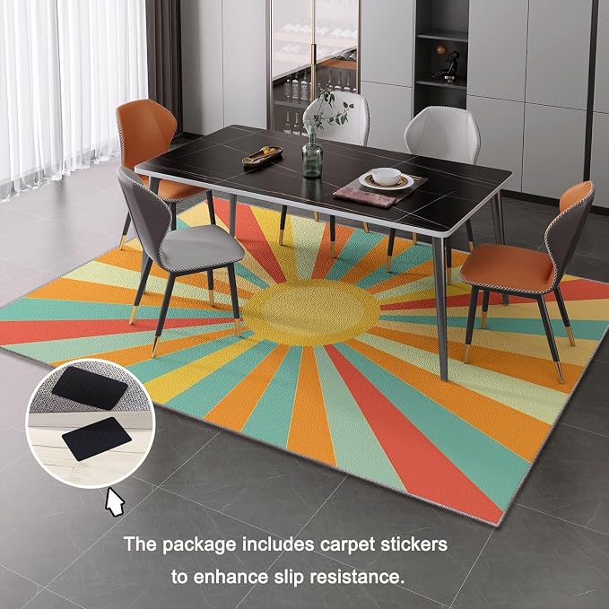 4x5 Washable Area Rug, Colorful Retro Sunburst Stripes Design Non Slip Non-Shedding Rug Easy Care for Living Room Bedroom Kitchen Office Carpet