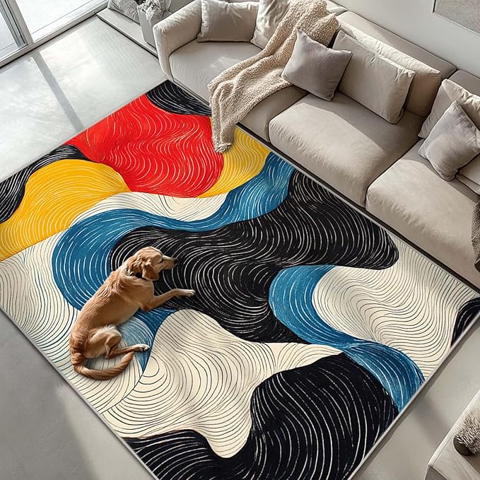6x9 Colorful Area Rug Modern Abstract Black White Blue Beige Red Yellow Bedroom Rug Soft Low Pile Thin Large Carpet Living Room Non Slip Dining Room Stain Resistant Office Washable Machine