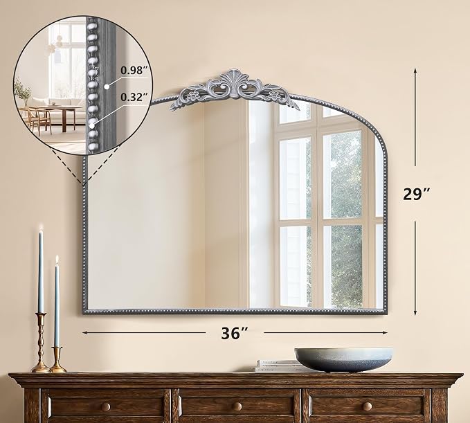 Micasso Vintage Silver Arched Mirror: 36"x29" French Baroque Antique Wall Mounted Mirror - Traditional Ornate Decorative for Wall/Fireplace/Entryway/Bathroom/Hallway - Home Decor for Living Room