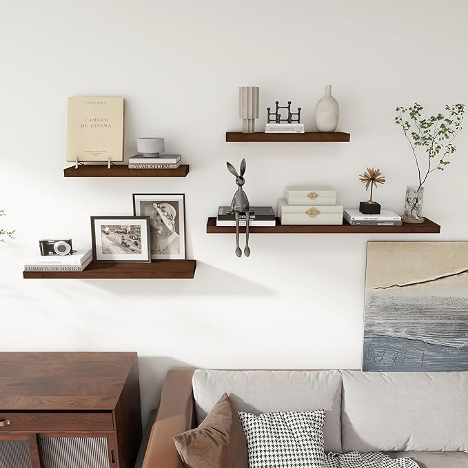 Axeman Floating Shelves, 2 Pack 8 Inch Deep Rustic Solid Wood Wall Shelves for Storage, Wall Mounted Display Shelving with Invisible Heavy-Duty Metal Bracket, 24" W x 8" D x 1.57" H, Walnut Finish