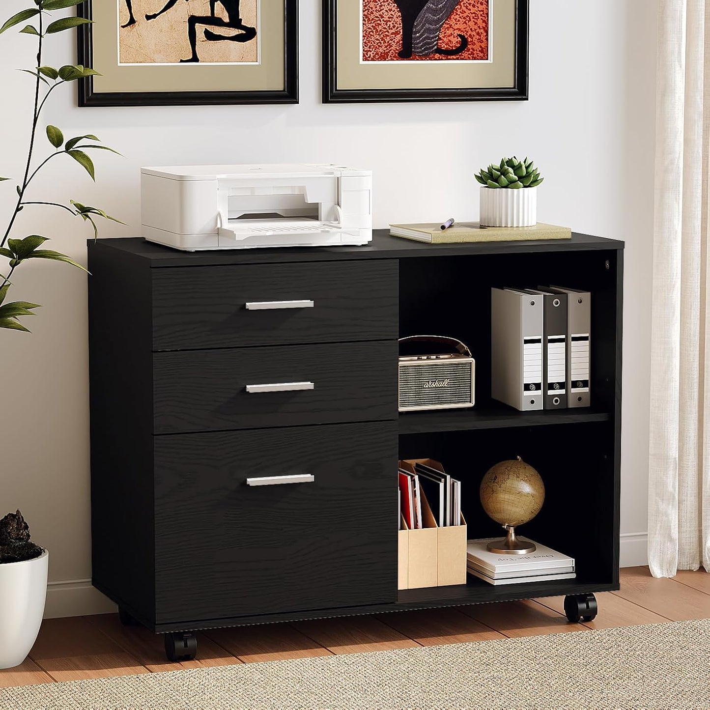 VINGLI 3 Drawer Wood Lateral File Cabinet - Adjustable Shelves & Locking Wheels | Sturdy Black Design for Home Office