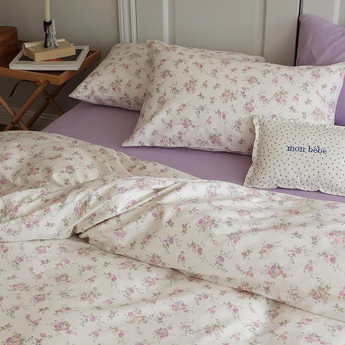 LifeTB Botanical Floral Comforter Set Twin XL Cute Garden Floral Bedding Comforter with 2 Pillowcases Soft Fluffy Pink Purple Flowers Comforter Vintage Style Botanical Comforter Set for Girls Women