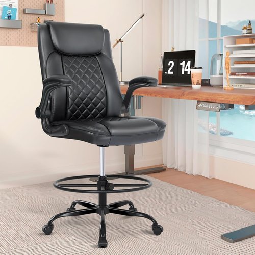 Misolant Drafting Chair - Adjustable Height Office Chair with Footrest & 360° Swivel Wheels | Black PU Leather