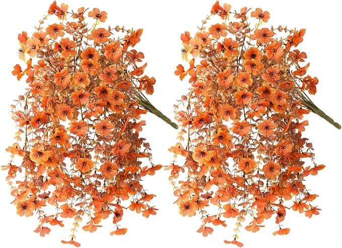 Artificial Fake Fall Flowers Faux Mums for Outdoor Decoration, 2 Pcs Fake Silk Daisy Flower Plants Realistic UV Resistant for Home Porch Balcony Patio Autumn Decor(Orange