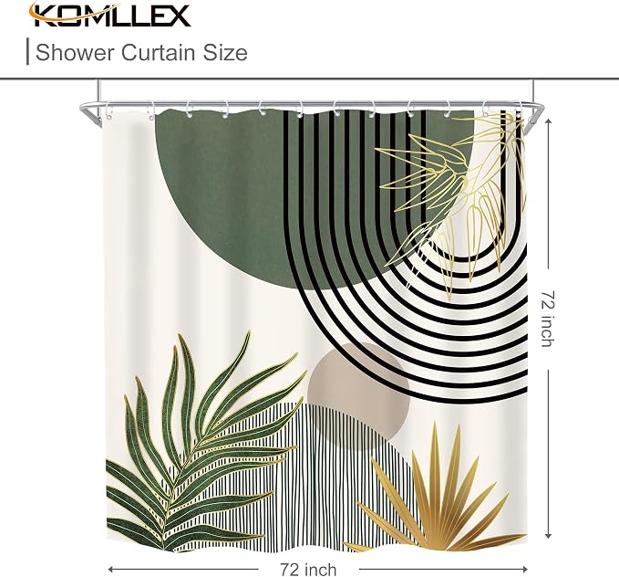 KOMLLEX Mid Century Dark Green Boho Shower Curtain 72Wx72L Inches Abstract Modern Shower Curtains for Bathroom Gold Plant Botanical Minimalist Arch Sun Fabric Liner Waterproof Polyester 12 Pack Hooks