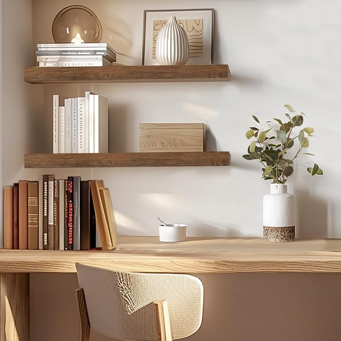 Rustic Brown Floating Shelves for Wall，24in Wall Mounted Display Ledge Shelves Perfect for Bedroom, Bathroom, Living Room and Kitchen Decoration Storage (Rustic Brown, Set of 2)