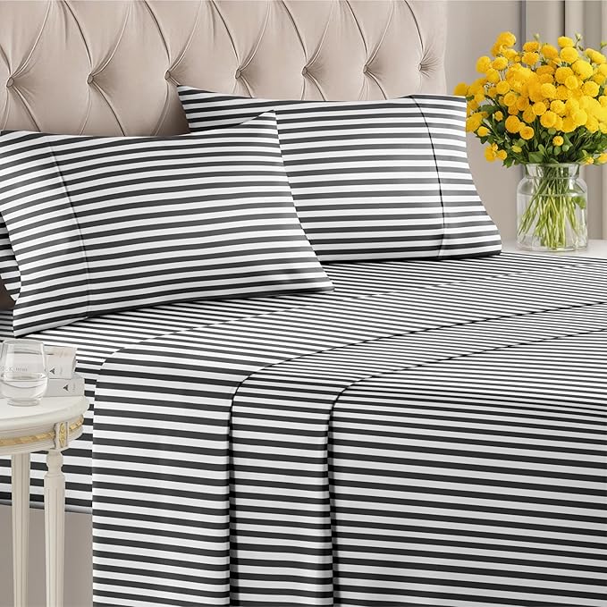 Striped Sheets - Black & White Striped Sheets - 1 Flat & 1 Fitted & 2 Pillowcases w/ Deep Pockets – Wrinkle & Fade Free - Soft, Breathable and Cooling – Luxury Pinstripe Bedding - Queen Size Bed Set