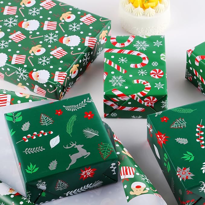 Miss DuiDui Green Christmas Wrapping Paper, 3 Rolls, 17 inch x 9.8 feet, Candy-Canes Santa Design for Girls Boys Kids, Christmas, Party, Holiday