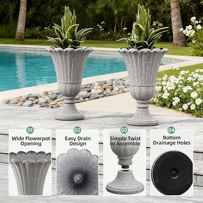 Tall Plastic Urn Planters for Outdoor Plants Set of 2-23.6" H Classic Petal Design Indoor Large Flower Pots with Drainage Holes, Outdoor Planters for Porch Decor/Garden Vase, Grey