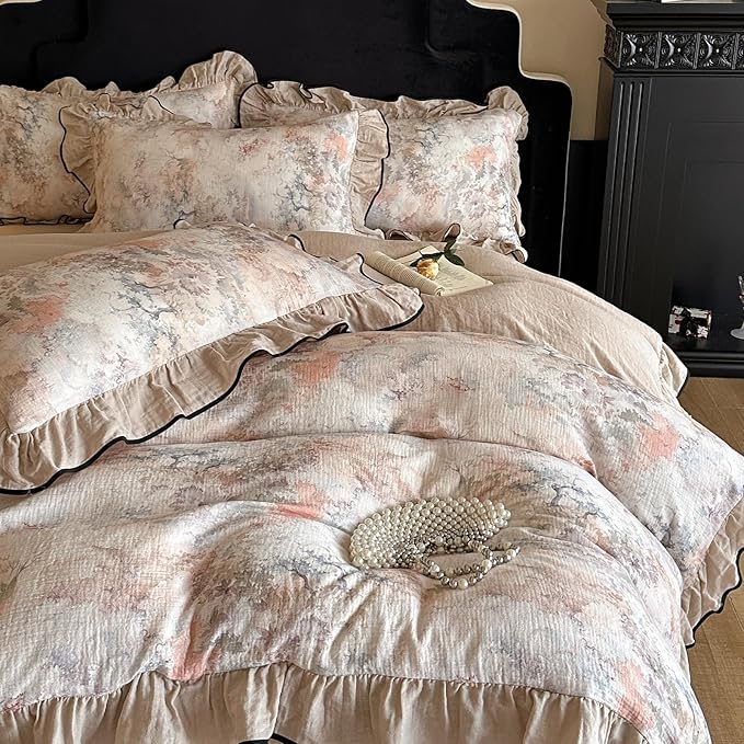 VM VOUGEMARKET Girls Ruffle Duvet Cover Set Twin Breathable Muslin Cotton Flower Duvet Cover Soft Linen Like Gauze Bedding Set-68x86 Inch