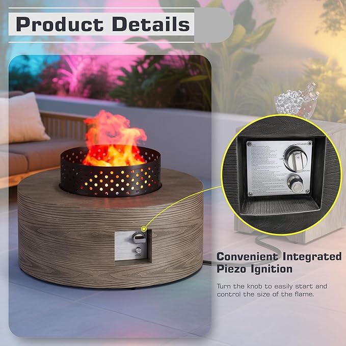 2-Piece 30" Round Propane Fire Pit for Outside Patio with Hidden Tank Table, 50,000 BTU Fireplaces with Wind Guard, Lid, Glass Rocks, Cover(Wood Grain Walnut)