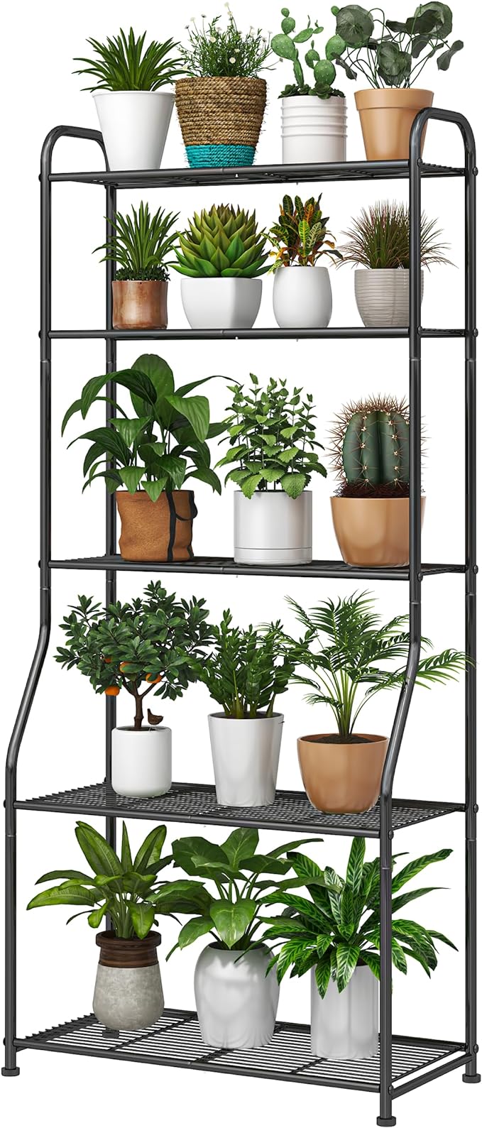 Simple Trending Plant Stand 5-Tier Plant Shelf for Indoor Outdoor, Waterproof Metal Tall Plant Stand for Living Room Bathroom Balcony Garden, Black