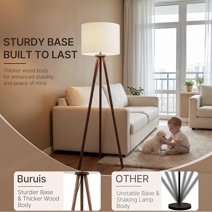 Buruis 60.6" Solid Wood Tripod Floor Lamp with 15.7" Large Linen Shade, Mid-Century Walnut Finish Standing Lamp for Living Room, Bedroom, Office, Corner, UL Listed, Bulb Not Included, Cream
