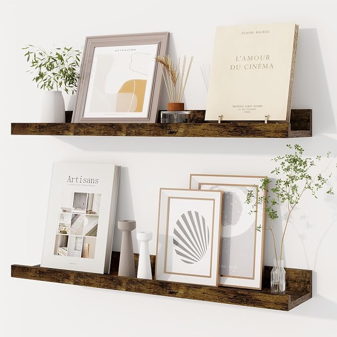 Dreamland Picture Ledge Shelf for Wall, Floating Shelves Set of 2,24 inch Long Floating Shelves with Lip for Living Room,Bedroom,Bathroom,Kitchen,Rustic Brown
