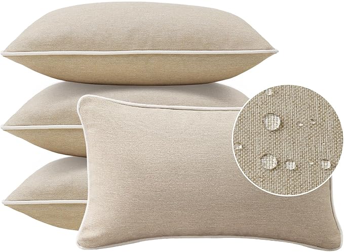 Unimatta Decorative Outdoor Water Repellent Throw Pillows with Inserts, Set of 4, 20" x12" Pillows for Patio, Backyard, Bed, Couch, and Patio Furniture, Tan