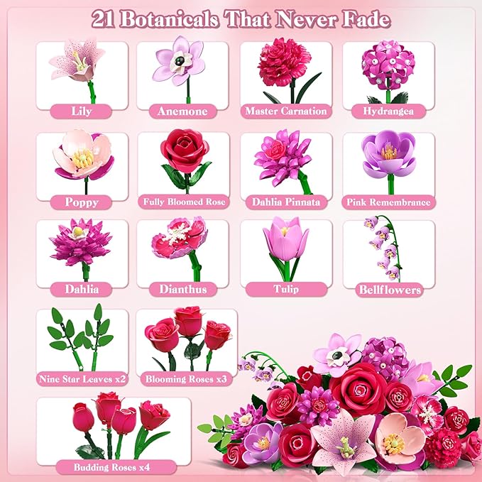 Flowers Bouquet Building Set with Light - 21 Rose Red Botanical Collection Building Block Set for Adults, 832 PCS Flower Plant Kit for Home Decor, for Her Women Girls Kids 12+