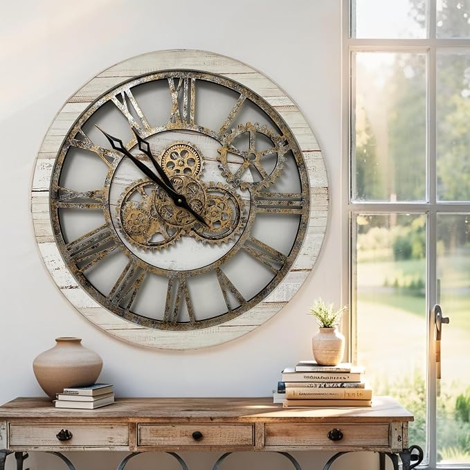 ImprovingLife The Gears Clock The Original Real Moving Gear Wall Clock Vintage Industrial Oversized Rustic Farmhouse (24 inch (60cm), Vintage Desert Beige and Bronze)