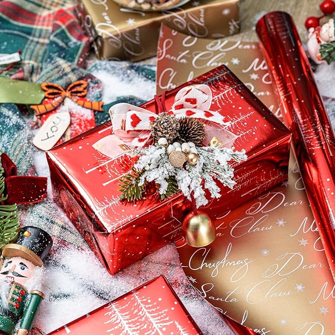 MAYPLUSS Christmas Wrapping Paper Roll - 17IN X 33FT - Reversible Christmas Gift Wrapping Paper Featuring Tree Against Red for Kids, Holiday, New Year