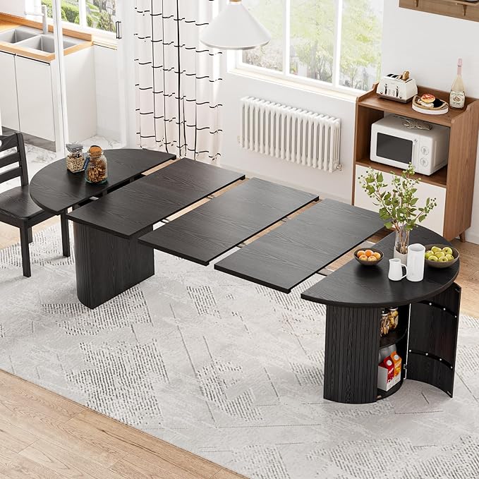 43-95 inch Long Round Extendable Dining Table for 4-10, Space Saving Oval Large Dinner Kitchen Table with 3 Leaf, 2 Storage, Fluted Mid Century Modern Dining Room Table for Living Room, Black