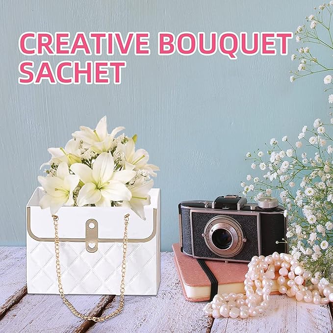 NADUSEP Flower Box Paper Bouquet Storage Bucket, Florist Flower Hand bag with Metal Chain Waterproof Florist Flower Boxes for Gifts Wrapping Supplies Bulk (4 color)