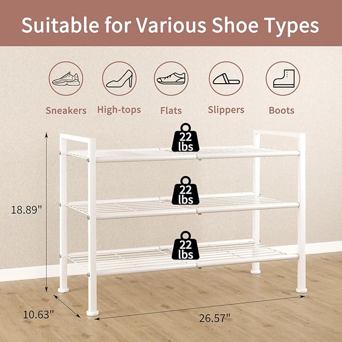 DongRong White Shoe Rack,3 Tier Metal Simple Shoe Storage Organizer Multi-Functional Shelf for Closet,Entryway, Garage,Dorm Room(White, 3 Tier)