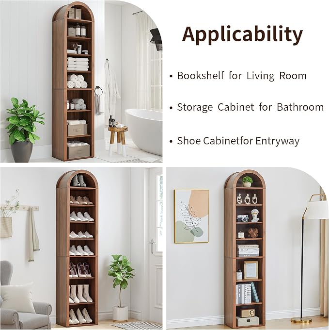 Tall Narrow Arched Bookshelf, 8-Tier Skinny Arch Bookcase for Small Space, Freestanding Storage Organizer with Adjustable Shelves, Open Display Shelves for Living Room, Entryway (Walnut)