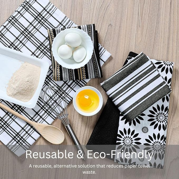 WeWove Assorted Kitchen Towels Set of 5-100% Cotton Dish Cloths Towels with Hanging Loop - Soft Absorbent Washable Reusable for Kitchen Use - Quick Drying 16x26 inch Dish Towels Black