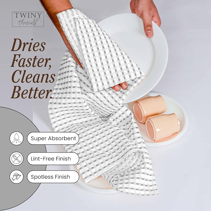 TWINY threads Waffle Kitchen Dish Towels Pack of 4, 100% Cotton 16"x26" Dishcloths Set, Soft, Durable & Highly Absorbent Waffle Weave Tea Towels for Everyday Kitchen Use, Light Grey, White