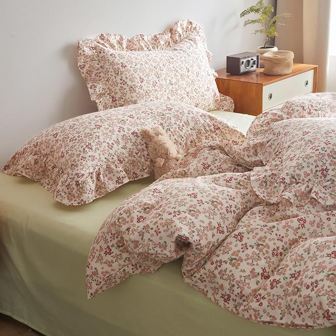 Pink Flower Duvet Cover Set Twin XL 100% Cotton Cute Floral Duvet Cover with Ruffle Pillowcases Girls Cottagecore Bedding Set Aesthetic Garden Style Flower Blooming Comforter Cover with Zipper Closure