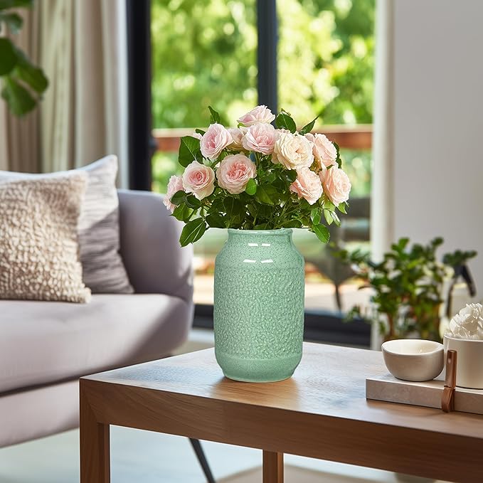 Ceramic Vase, 9 Inch Modern Green Flower Vases for Home Decor, Dining Table,Entryway, Living Room, Bathroom, Bookshelf, Bedroom, Kitchen, Mantle, Office, Foyar