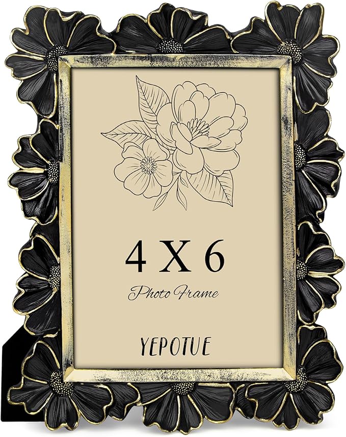4x6 Vintage Flower Picture Frame, Ornate Antique Photo Frame with Glass Front, Elegant Picture Frame for for Wall or Tabletop Display, Gift ldeas for Home Decor (Black Gold)