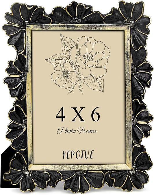 4x6 Vintage Flower Picture Frame, Ornate Antique Photo Frame with Glass Front, Elegant Picture Frame for for Wall or Tabletop Display, Gift ldeas for Home Decor (Black Gold)