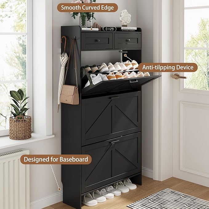 Shoe Cabinet with 3 Flip Drawers & 2 Top Drawers, 57" Tall Freestanding Narrow Wooden Shoe Storage Organizer for Entryway, Hidden Slim Shoe Rack for Front Door Entrance, Hallway, Living Room, Black