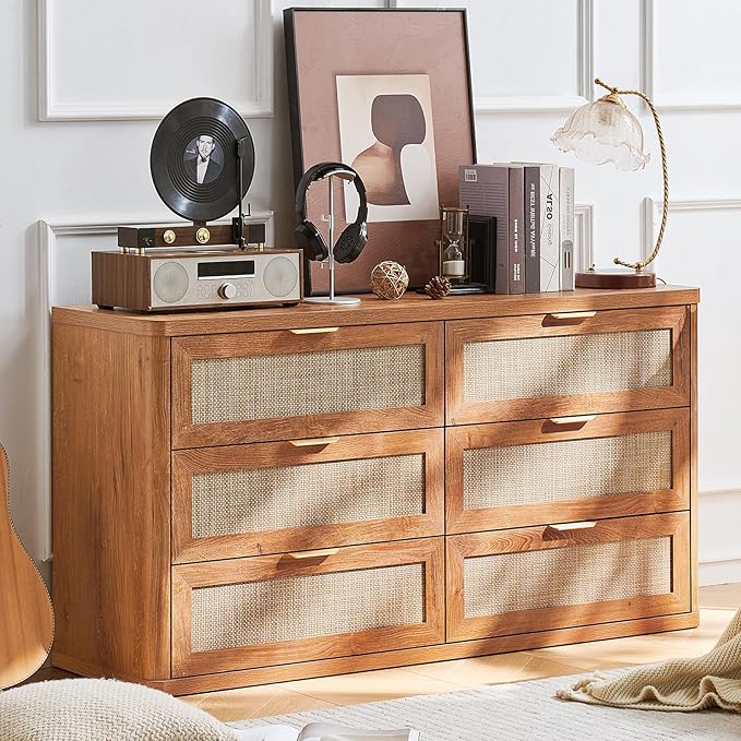 LEYAOYAO Rattan 6 Drawer Dresser for Bedroom Set of 2, 54" Wide Boho Chest of Drawers, Wooden Dressers TV Stand with Metal Handle, Storage Closet Organizer for Living Room, Hallway, Tea Brown