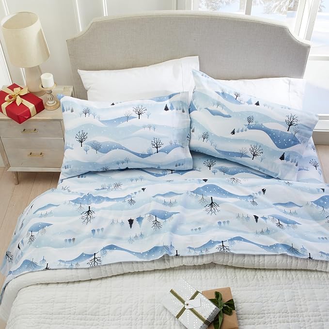 Market & Place 100% Cotton Twin Flannel Sheet Set | 3 Piece Deep Pocket Novelty Cozy Winter Bed Sheets | Double Brushed for Extra Softness & Comfort | Alpine Collection (Twin, Winter Landscape)