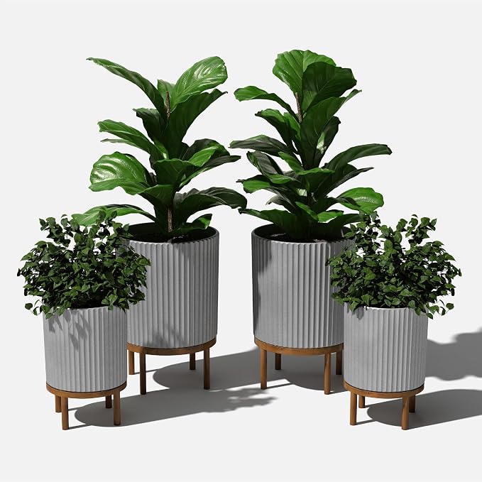Veradek Demi Series Round Planter w/Stand for Porch/Patio | Durable Plastic-Stone Composite & Wooden Stand | Modern Décor for Tall Plants, Flowers