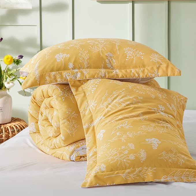 Bedsure Full Comforter Set - Yellow Bed Set, 3 Pieces Cute Floral Bedding, 1 Soft Reversible Botanical Flowers Comforter and 2 Pillow Shams