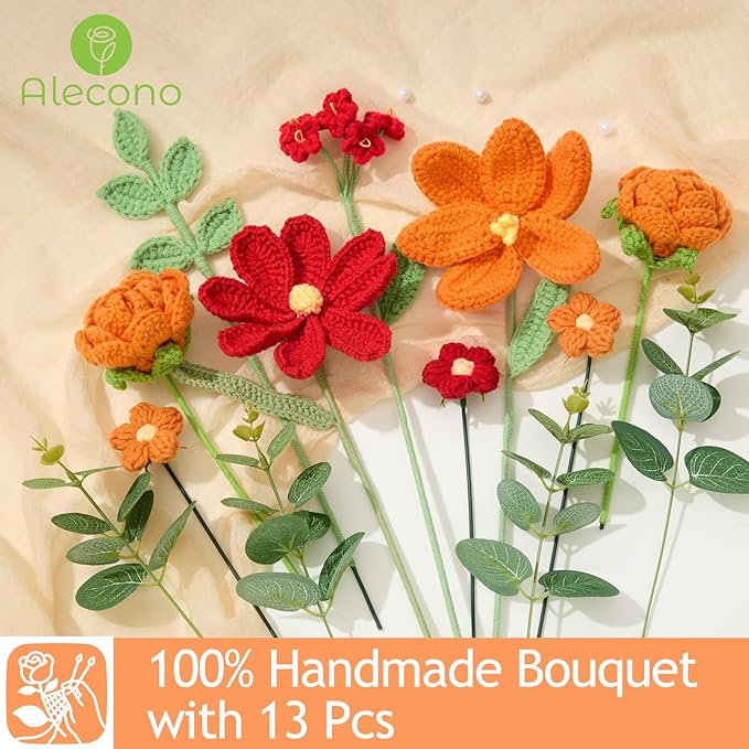 Alecono Crochet Flower Bouquet, Orange and Burgundy Knitted Flowers, Red Crochet Tulip Galsang Flower for Lover Anniversary Birthday Party Mother's Day Graduation Gifts (Include Card)