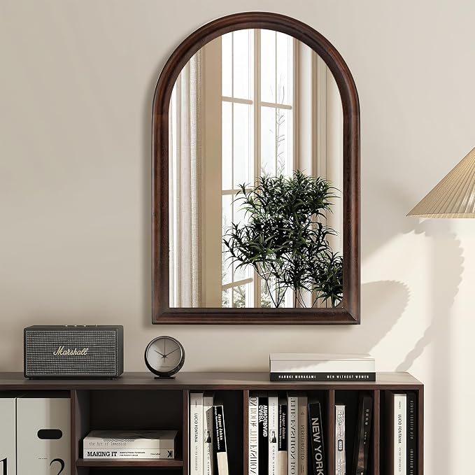Tanmicoshomy Arched Bathroom Mirrors for Wall 24x36 Inch, Dark Brown Framed Arch Mirror with Tempered Glass for Living Room, Bedroom or Entryway
