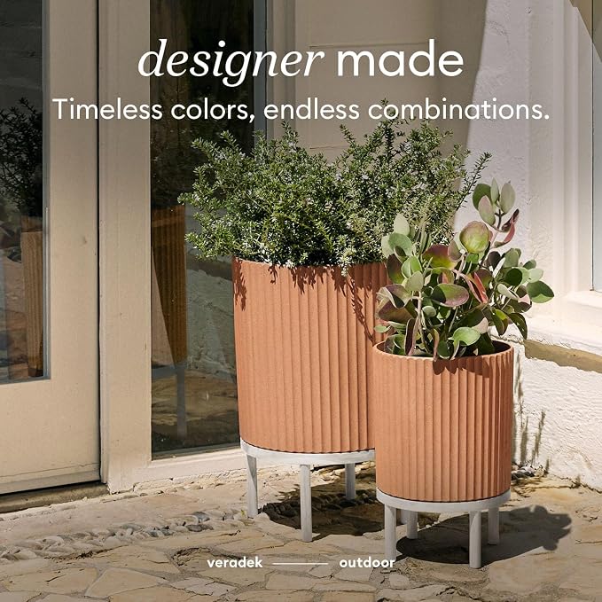 Veradek Demi Series Round Planter w/Stand for Porch/Patio | Durable Plastic-Stone Composite & Wooden Stand | Modern Décor for Tall Plants, Flowers