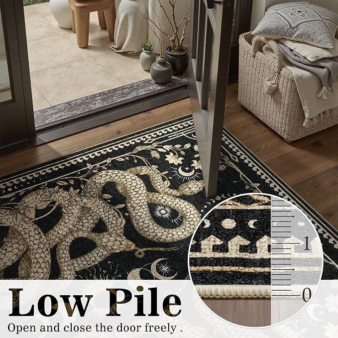 DCX Washable 3x5 Snake Rug, Black Gothic Rug for Living Room, Soft Low Pile Carpet, Kid & Pet Friendly with Rubber Back Non Slip, Stain Resistant Rug for Bedroom Dining Room Office
