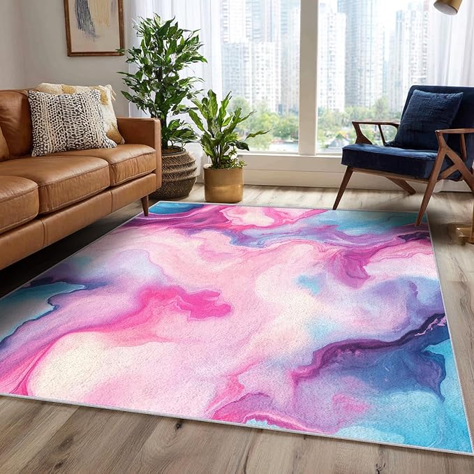 Colorful Marble Fluid Area Rug, Watercolor Abstract Pattern Carpet, Washable Non Slip Low Pile Soft Thin, Living Room Bedroom Home Decor Mat 5x8ft