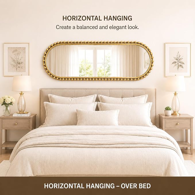 20"x53" Long Oval Full Length Wall Mounted Mirror, Antique Gold Beaded Metal Frame Large Decorative Wall Mirror, Vertical or Horizontal Hanging Tall Entryway Bedroom Living Room