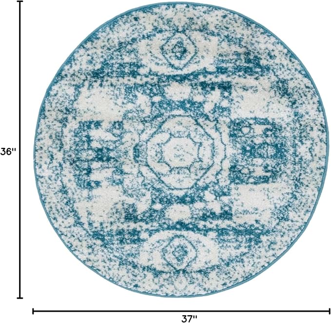 Unique Loom Bromley Collection Area Rug - Wells (3' Round, Turquoise/ Ivory)